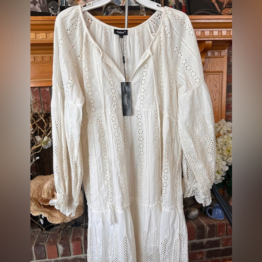 Tolani Creamy White Lace Dress Size L NWT, V-
Neck with tie, long sleeve.